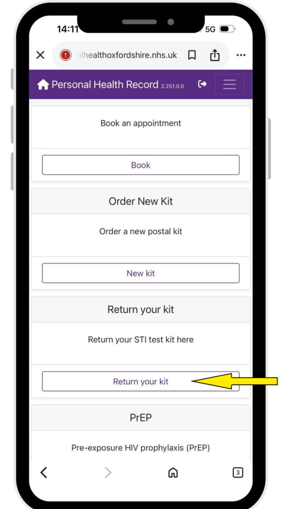 Screenshot of PHR screen on a mobile phone, with an arrow pointing to the 'Return your kit' button.